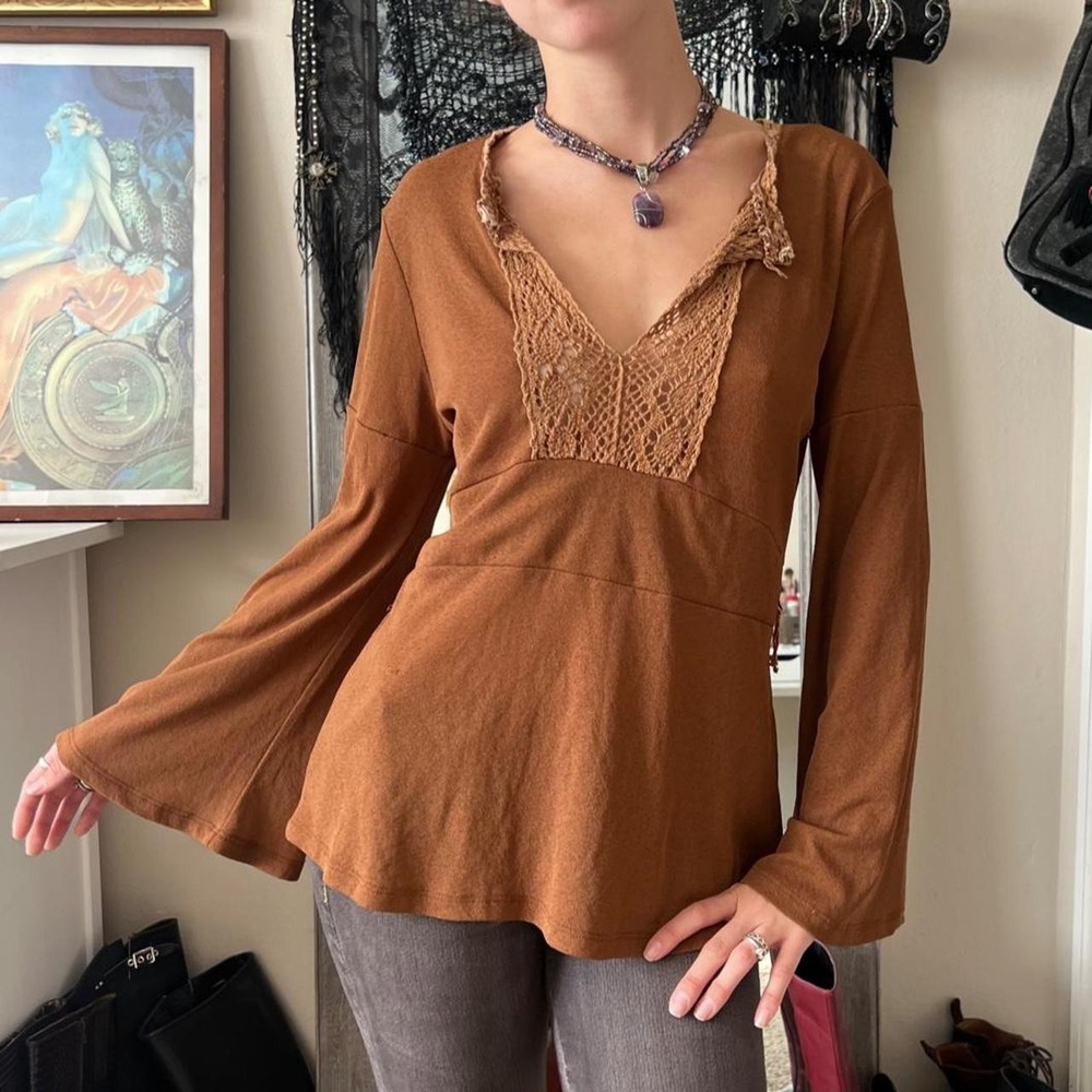 Xi Vintage Brown Micro Mesh Lace Trim Bell Sleeve Blouse Fairycore Whimsygoth XL
